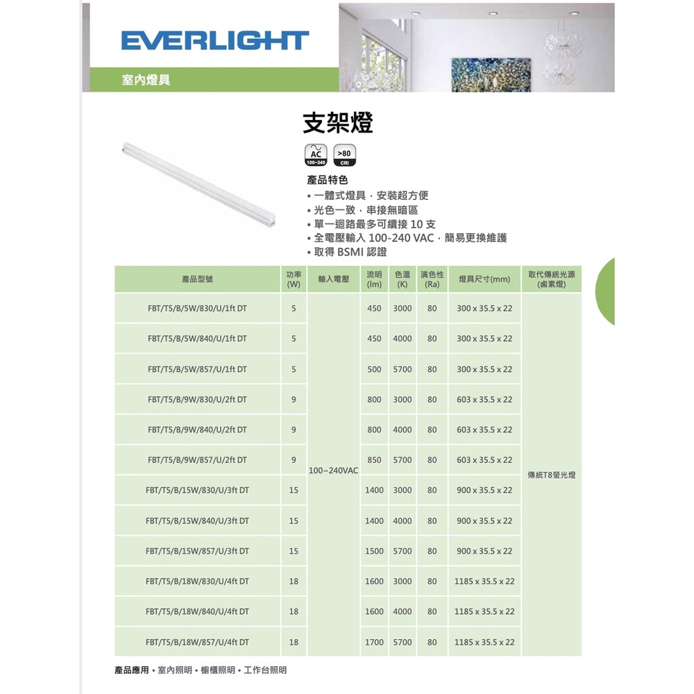 Everlight 億光 10入 4尺T5支架燈 LED層板