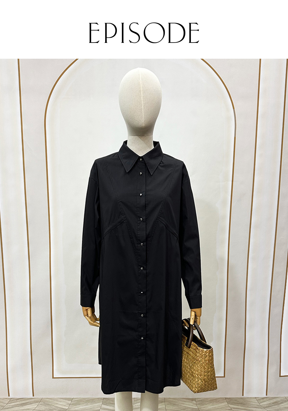 EPISODE 休閒寬鬆紐扣棉質襯衫裙長洋裝E35707（黑