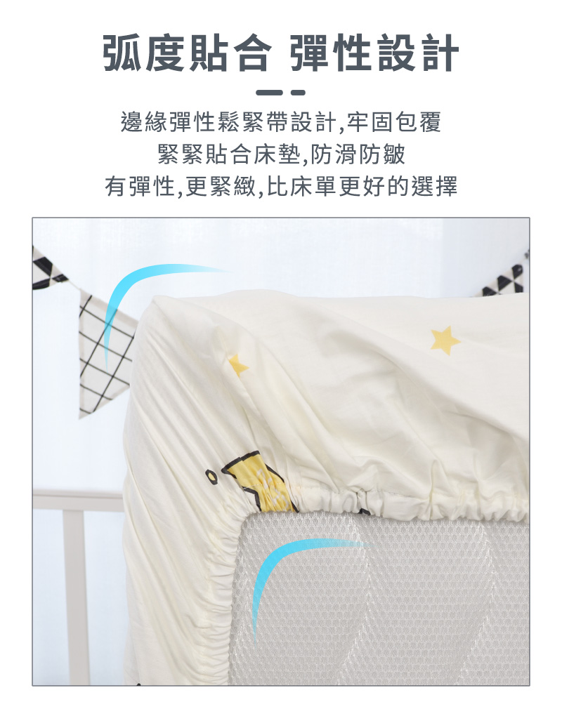 弧度貼合 彈性設計 邊緣彈性鬆緊帶設計,牢固包覆 緊緊貼合床墊,防滑防皺 有彈性,更緊緻,比床單更好的選擇 