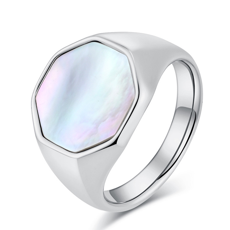Jpqueen 天然珠貝多角鏡面寬版鈦鋼戒指(2色戒圍可選)