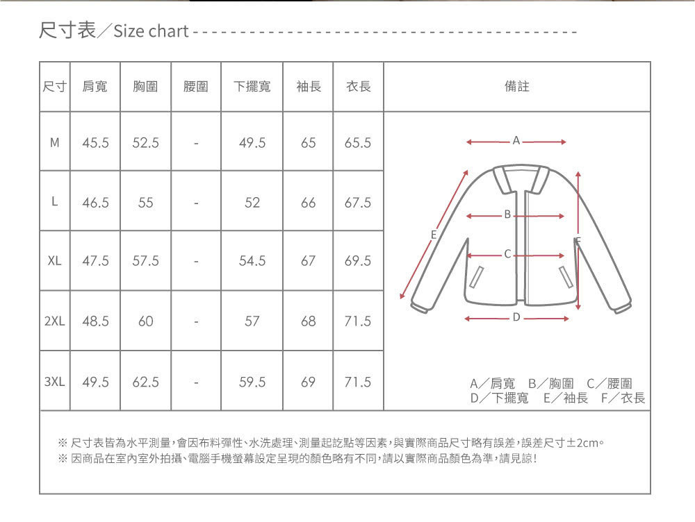 尺寸表皆為水平測量,會因布料彈性、水洗處理、測量起訖點等因素,與實際商品尺寸略有誤差,誤差尺寸2cm。