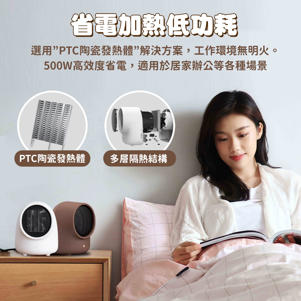 省電加熱低功耗 選用PTC陶瓷發熱體解決方案,工作環境無明火。 500W高效度省電,適用於居家辦公等各種場景 PTC陶瓷發熱體 多層隔熱結構 