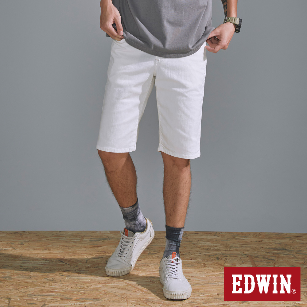 EDWIN 男裝 EDGE 經典紅繡線口袋合身牛仔短褲(白色