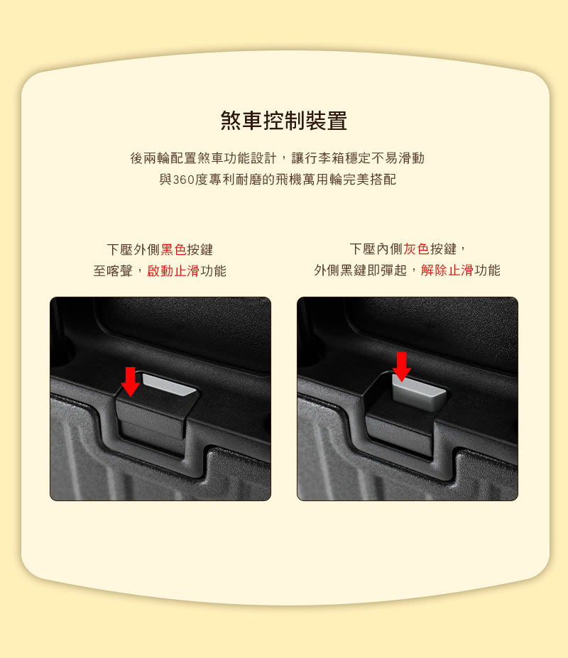 後兩輪配置煞車功能設計,讓行李箱穩定不易滑動