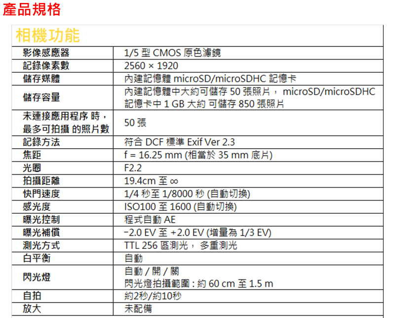 內建記憶體中大約可儲存 50 張照片, microSDmicroSDHC