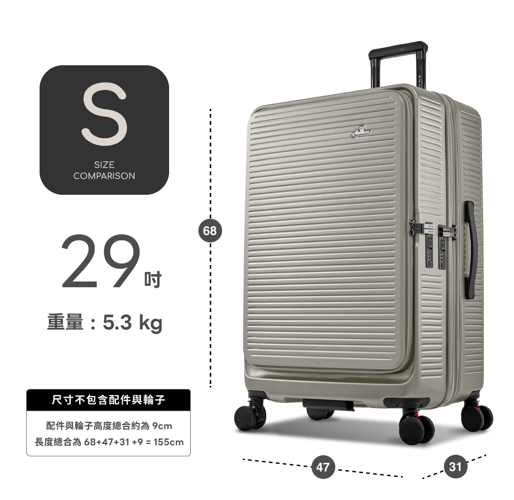 éé  5.3 kg å°ºå¯¸ä¸åå«éä»¶èè¼ªå­ éä»¶èè¼ªå­é«åº¦ç¸½åç´çº 9cm é·åº¦ç¸½åçº 684731 9  155cm 