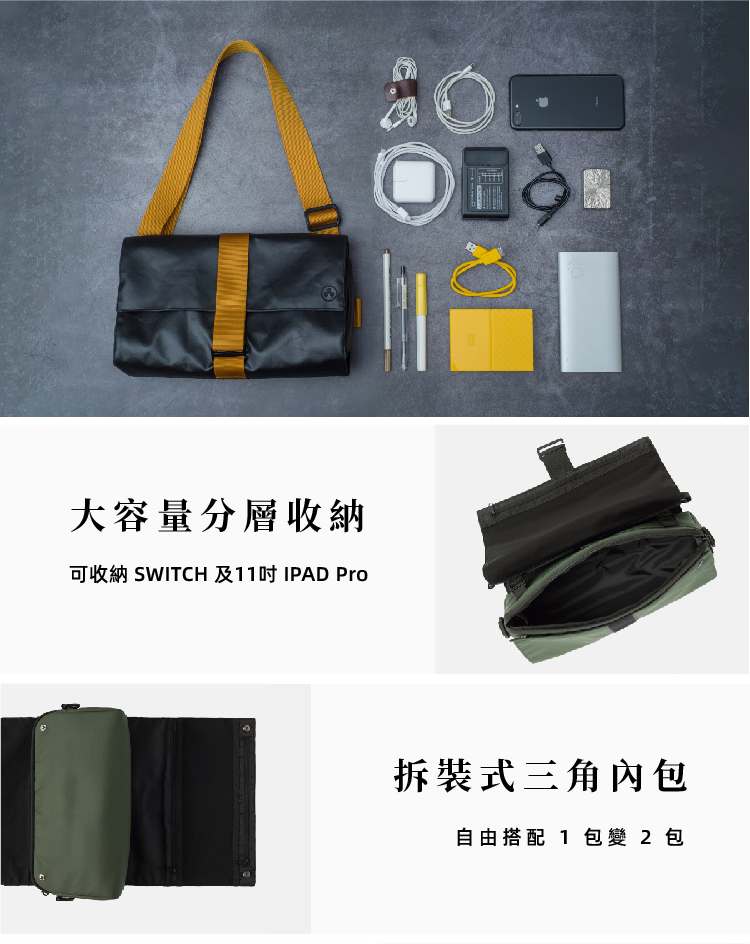 大容量分層收納 可收納 SWITCH 及11吋 IPAD Pro 拆裝式三角內包 自由搭配 1 包變2包 