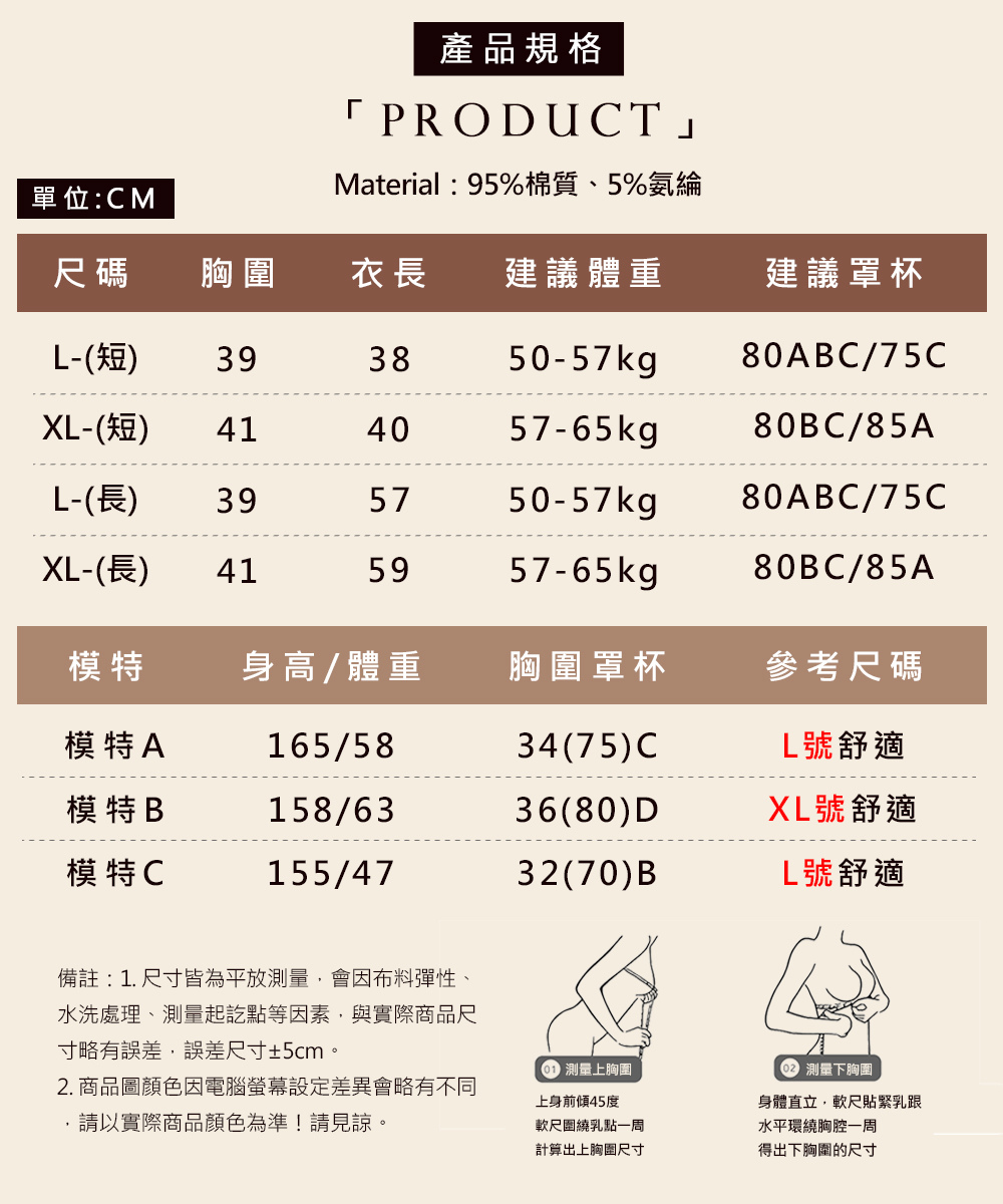 備註 1. 尺寸皆為平放測量,會因布料彈性、