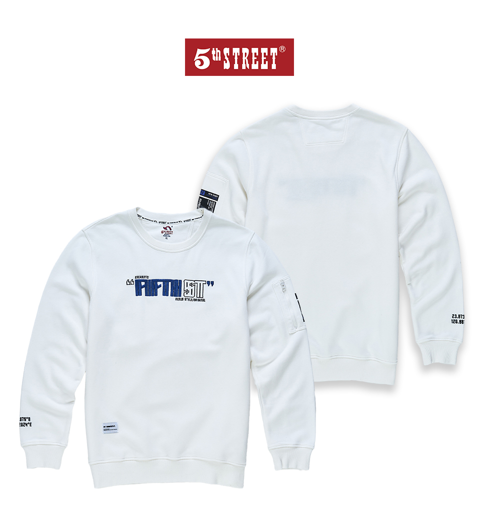5th STREET 男裝袖口袋設計長袖T恤-白色優惠推薦