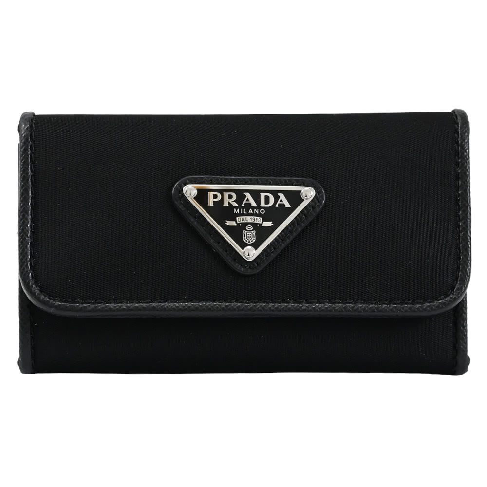 PRADA 普拉達 經典三角LOGO尼龍牛皮拼接6孔信用卡鑰