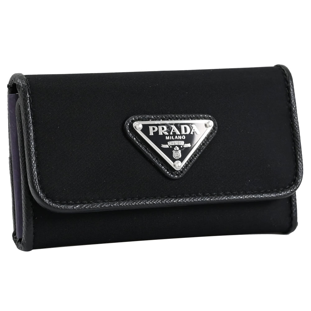 PRADA 普拉達 經典三角LOGO尼龍牛皮拼接6孔信用卡鑰