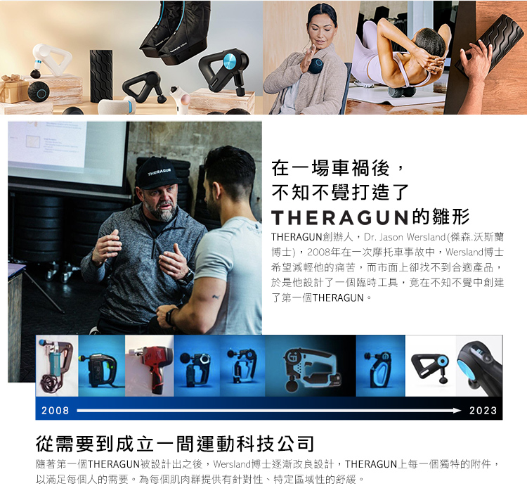 隨著第一個THERAGUN被設計出之後,Wersland博士逐漸改良設計,THERAGUN上每一個獨特的附件,