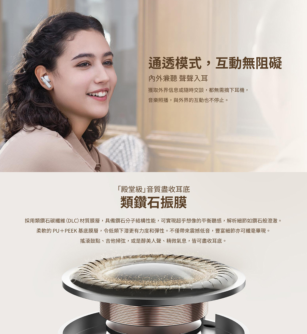採用類鑽石碳纖維DLC 材質膜層,具備鑽石分子結構性能,可實現超乎想像的平衡聽感,解析細節如鑽石般澄澈。