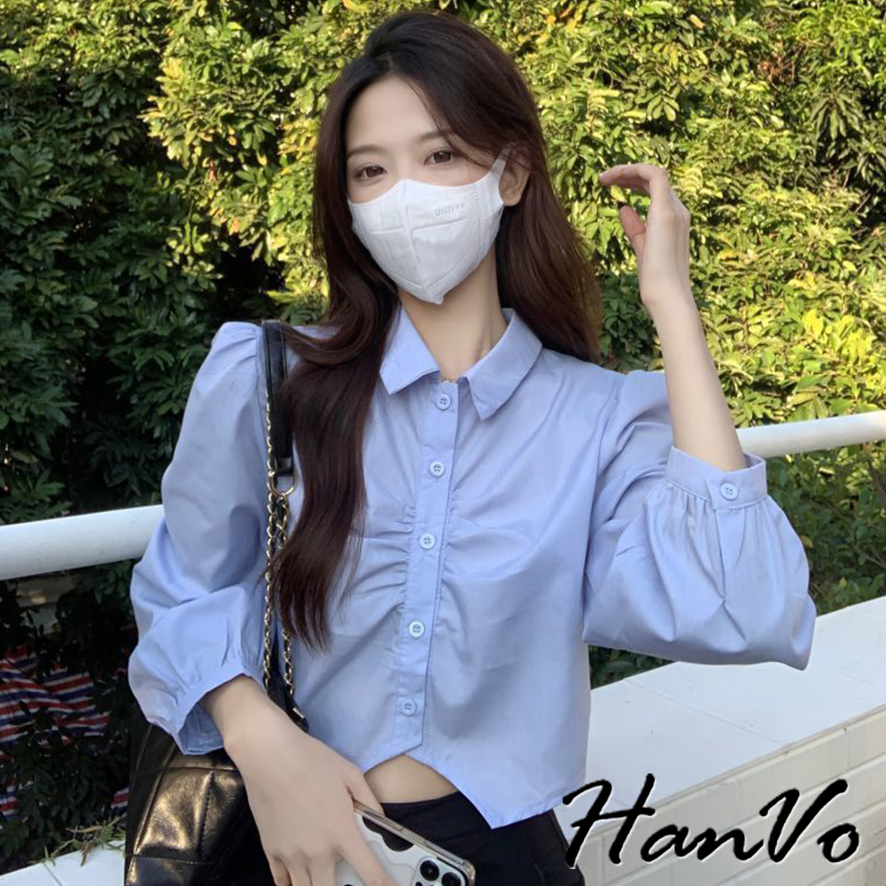 HanVo 現貨 胸前皺褶學院風短版襯衫(甜美減齡設計感 韓