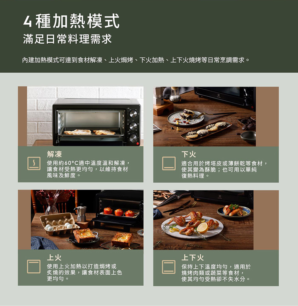 內建加熱模式可達到食材解凍、上火焗烤、下火加熱、上下火燒烤等日常烹調需求。