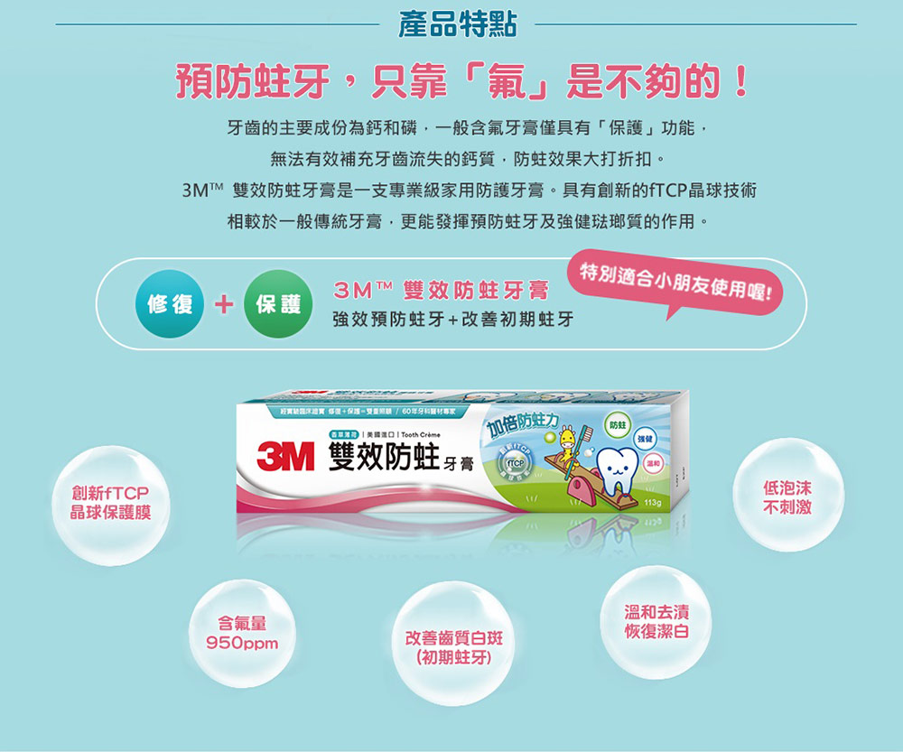 3M 雙效防蛀牙膏是一支專業級家用防護牙膏。具有創新的fTCP晶球技術