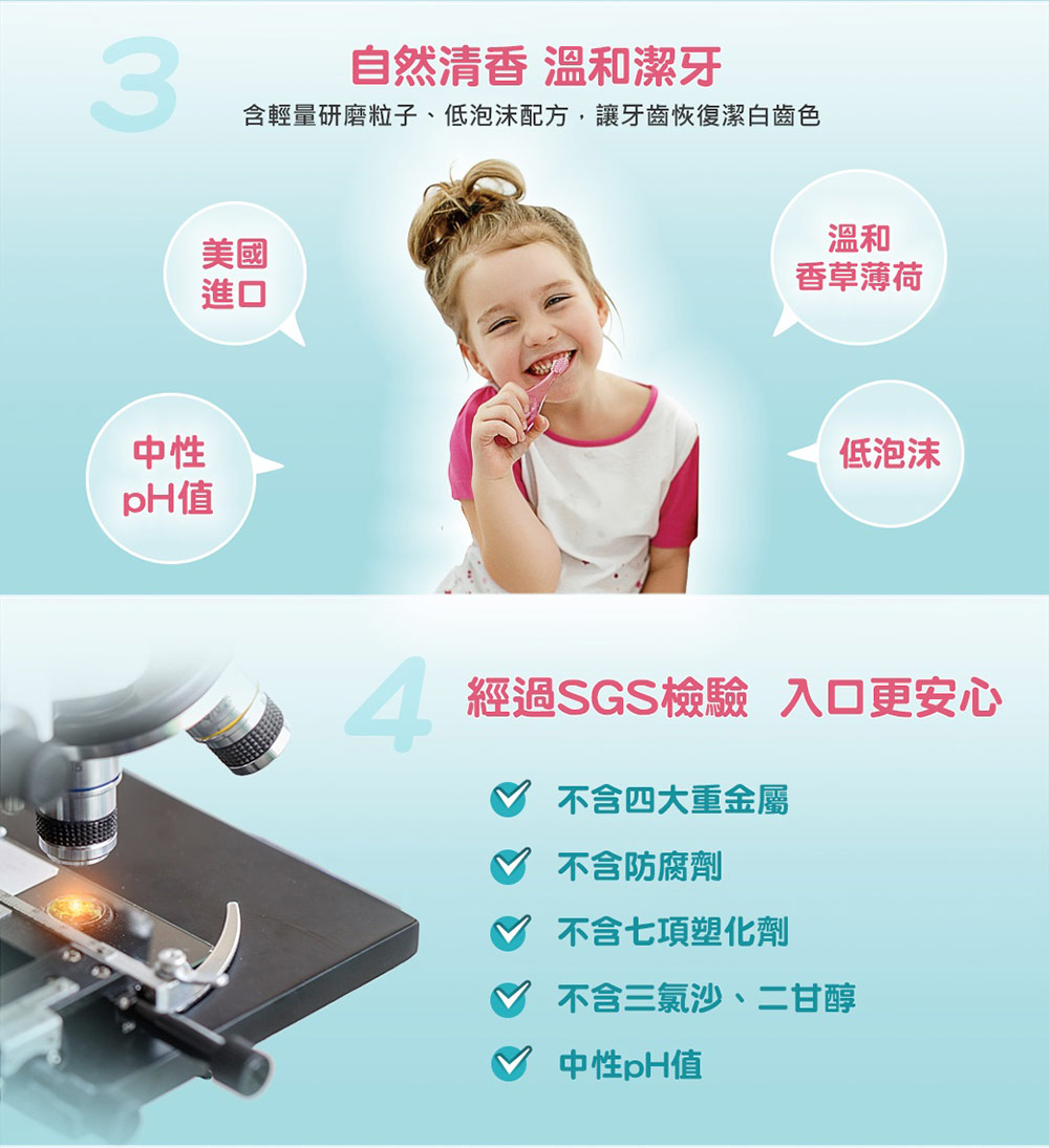 含輕量研磨粒子、低泡沫配方,讓牙齒恢復潔白齒色