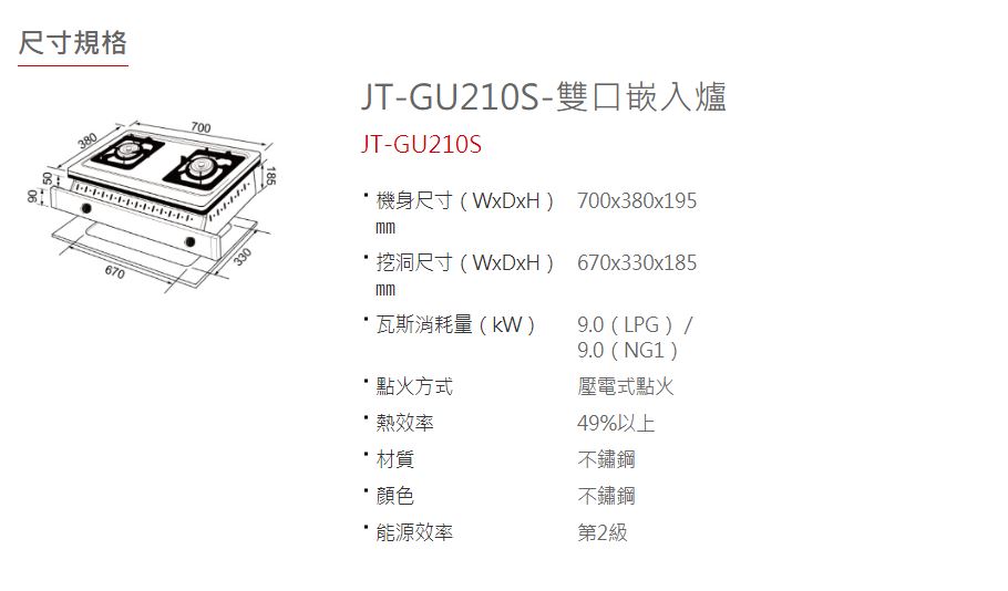 喜特麗 雙口嵌入爐(JT-GU210S LPG-基本安裝)折