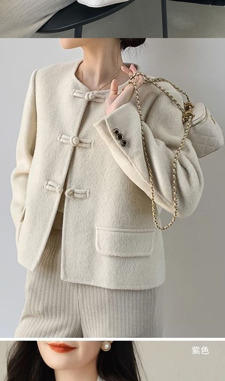 巴黎精品 羊毛大衣毛呢外套(新中式單排扣純色雙面呢女外套3色
