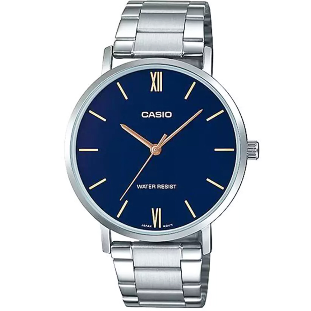 CASIO 卡西歐 卡西歐大錶徑石英鋼帶男錶-藍(MTP-V