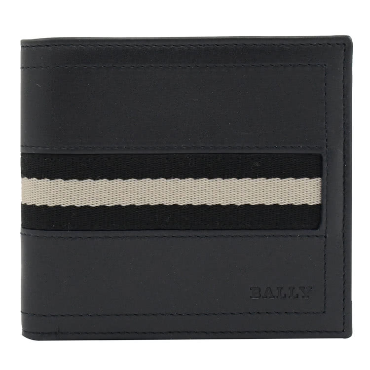 BALLY TYE 經典品牌黑白織帶小牛皮4卡零錢短夾(深藍