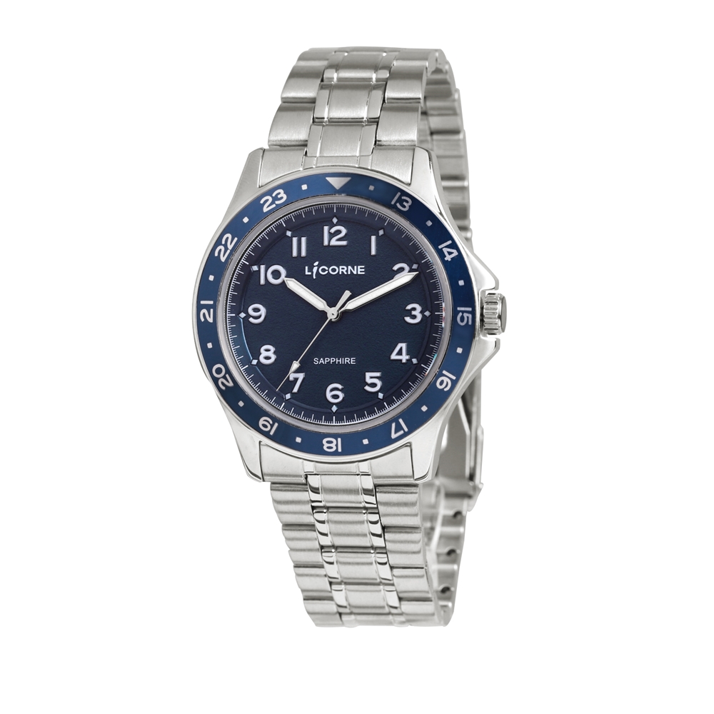 LICORNE 潛水風格 深藍錶圈 不鏽鋼男仕手錶 銀X藍 