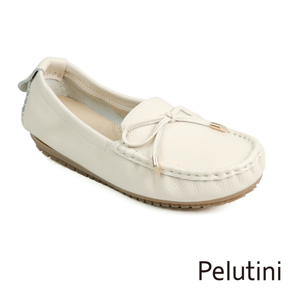 Pelutini 經典超柔軟皮製蝴蝶結裝飾豆豆鞋 象牙白(3
