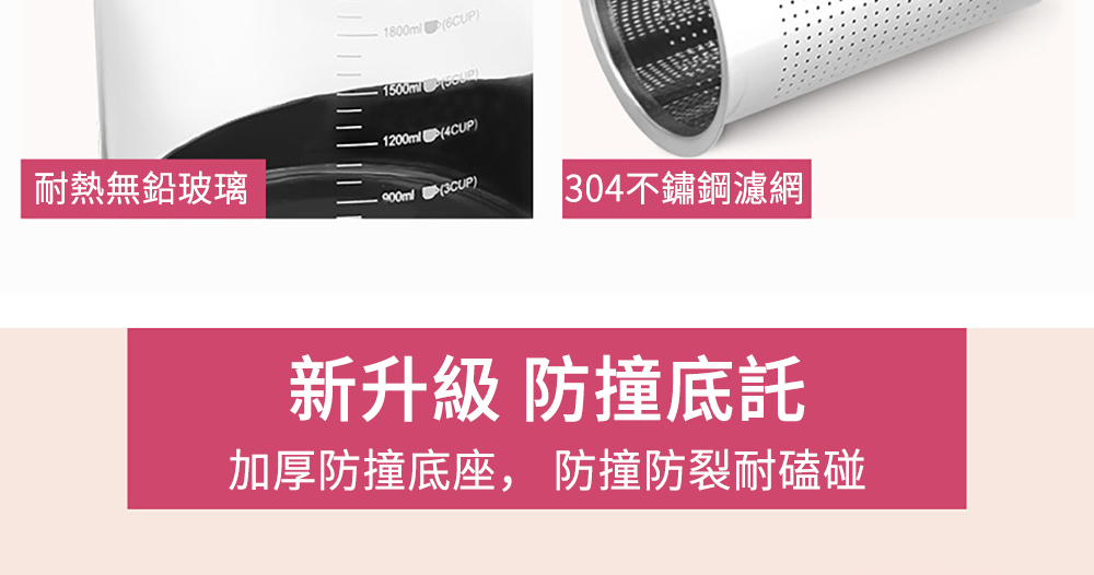 耐熱無鉛玻璃 304不鏽鋼濾網 新升級 防撞底託 加厚防撞底座, 防撞防裂耐磕碰 