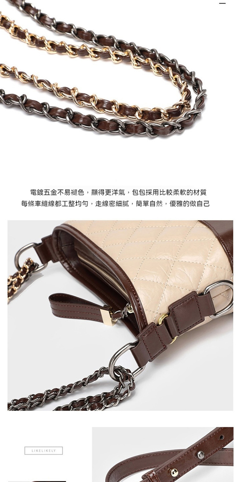 電鍍五金不易褪色,顯得更洋氣,包包採用比較柔軟的材質 每條車縫線都工整均勻,走線密細膩,簡單自然,優雅的做自己 