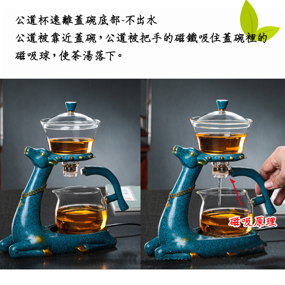 公道杯遠離蓋碗底部不出水 公道被靠近蓋碗,公道被把手的磁鐵吸住蓋碗裡的 磁吸球,使茶湯落下。 磁吸原理 