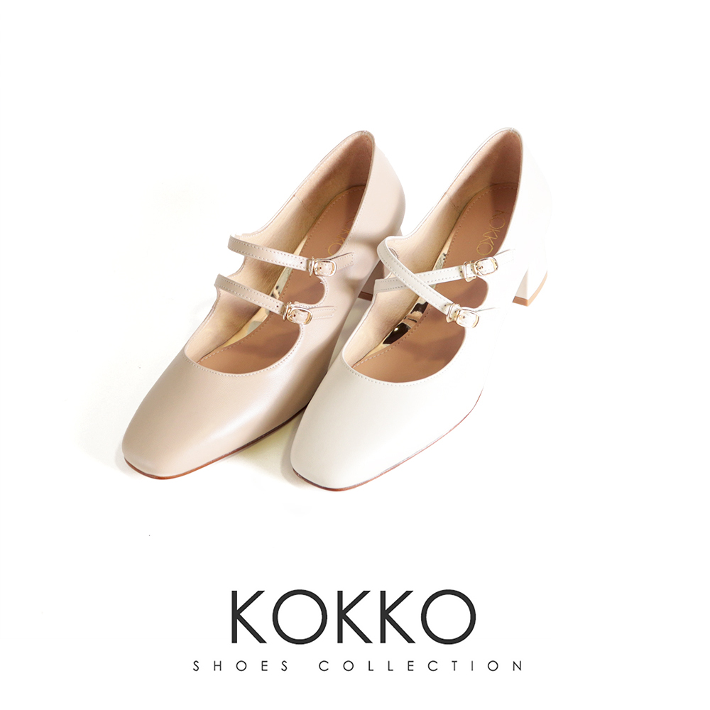 KOKKO 集團 復古優雅柔軟綿羊皮雙繫帶粗跟瑪莉珍鞋(駝灰