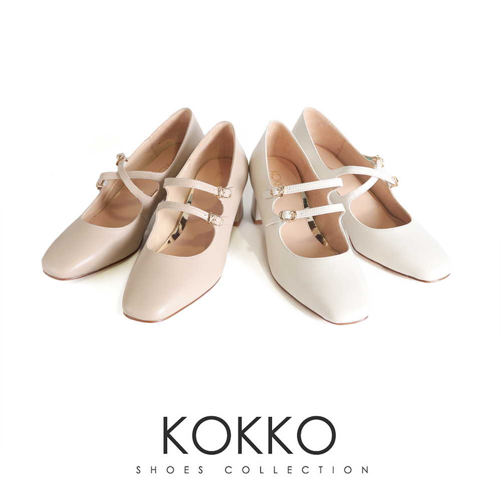 KOKKO 集團 復古優雅柔軟綿羊皮雙繫帶粗跟瑪莉珍鞋(駝灰