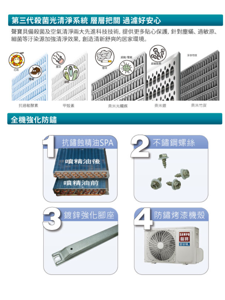 聲寶具備殺菌及空氣清淨兩大先進科技技術,提供更多貼心保護, 針對塵蟎、過敏原、
