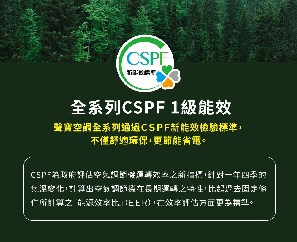 CSPF為政府評估空氣調節機運轉效率之新指標,針對一年四季的