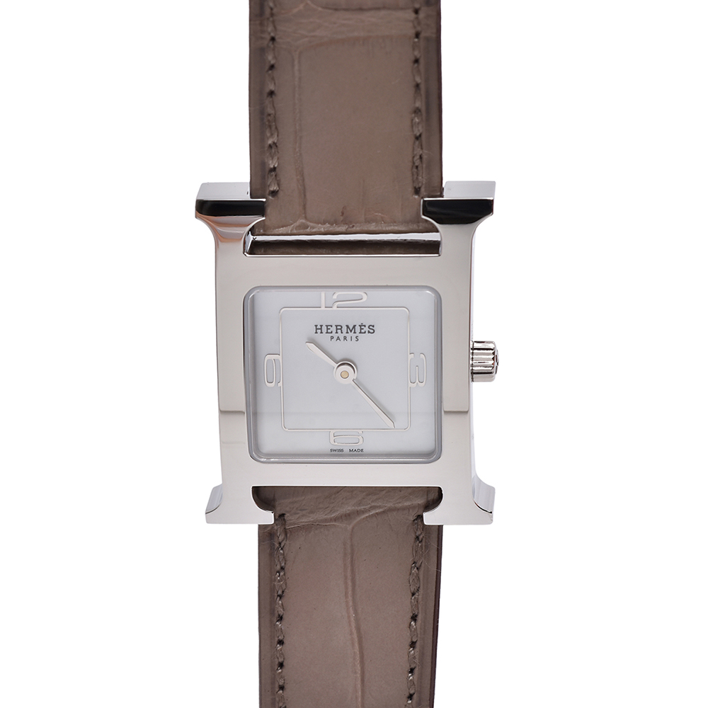 Hermes 愛馬仕 H PM系列鱷魚皮銀框白色錶盤石英女仕