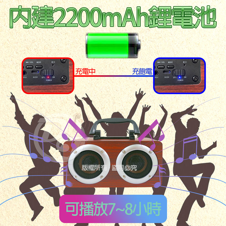 内建2200mAh鋰電池 充電中 充飽電 版權所有盜用必究 可播放78小時 