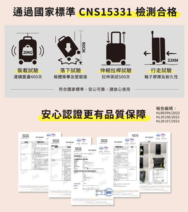 通過國家標準CNS15331 檢測合格90CM20KG32KM裝載試驗落下試驗伸縮拉桿試驗行走試驗連續震盪400次箱體衝擊及堅韌度拉伸測試500次輪子摩擦及耐久性符合國家標準,安心可靠,請放心使用安心認證更有品質保障報告編碼:HLB0395/2022HL30106/2023 SGSSGSSGSSGSSGSSGSSGS SGSSGSSGSSGSSGS TEST HL30107/2023