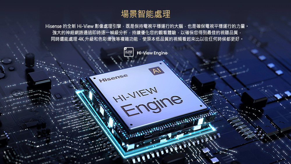 場景智能處理 Hisense 的全新 HiView 影像處理引擎,既是保持電視平穩運行的大腦,也是確保電視平穩運行的力量。 強大的神經網路通過即時逐一幀級分析,持續優化您的觀看體驗,以確保您得到最佳的視聽品質, 同時還能處理 4K 升級和色彩增強等複雜功能,使原本低品質的視頻看起來比以往任何時候都更好。 果 HiView Engine 