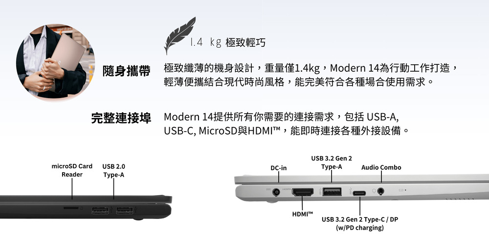 1.4 kg 極致輕巧 隨身攜帶極致纖薄的機身設計,重量僅1.4kg,Modern 14為行動工作打造, 輕薄便攜結合現代時尚風格,能完美符合各種場合使用需求。 完整連接埠 Modern 14提供所有你需要的連接需求,包括 USBA, USBC, MicroSD與HDMI,能即時連接各種外接設備。 