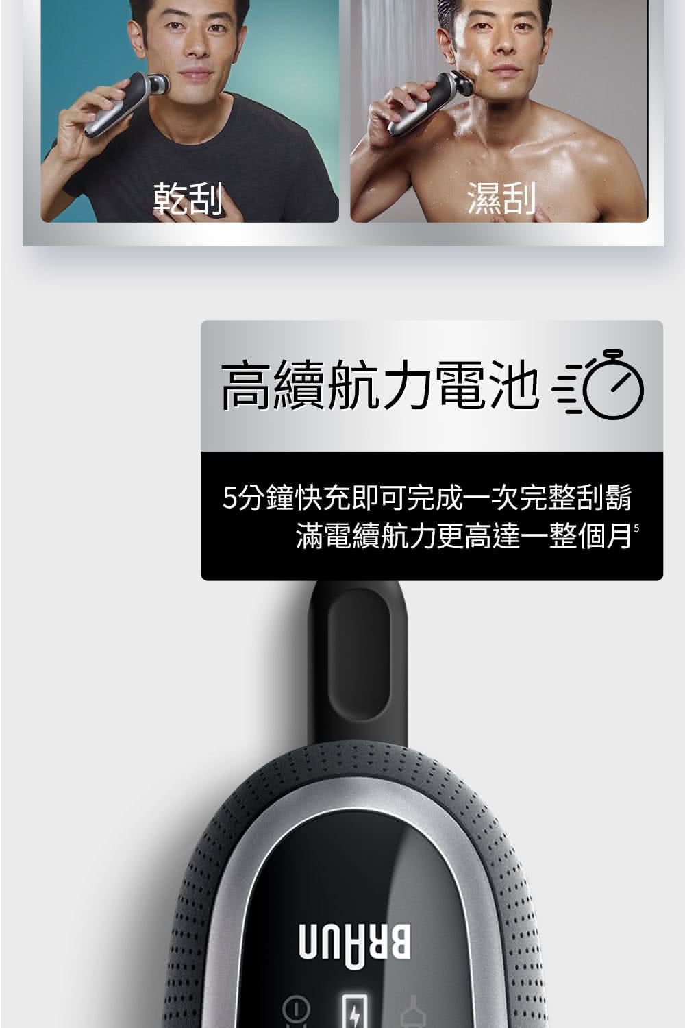 乾刮 濕刮 高續航力電池記 5分鐘快充即可完成一次完整刮鬍 滿電續航力更高達一整個月 