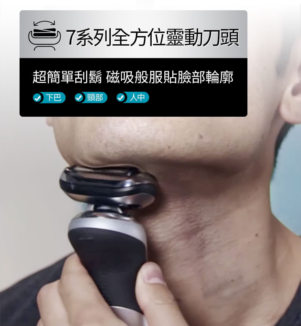 7系列全方位靈動刀頭 超簡單刮鬍 磁吸般服貼臉部輪廓 下巴 頸部 人中 