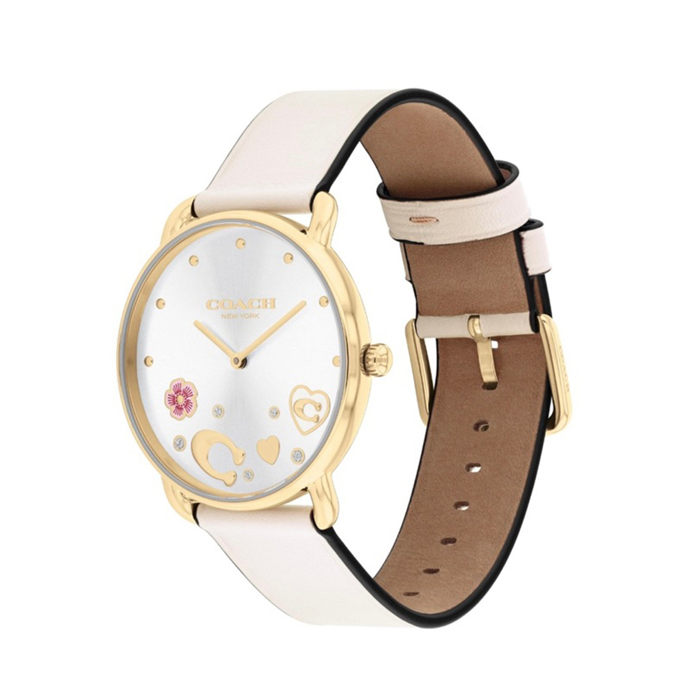 COACH 官方授權C2 金色圓形 造型白面白色皮帶女錶-3