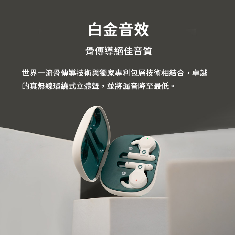白金音效 骨傳導絕佳音質 世界一流骨傳導技術與獨家專利包層技術相結合,卓越 的真無線環繞式立體聲,並將漏音降至最低。 