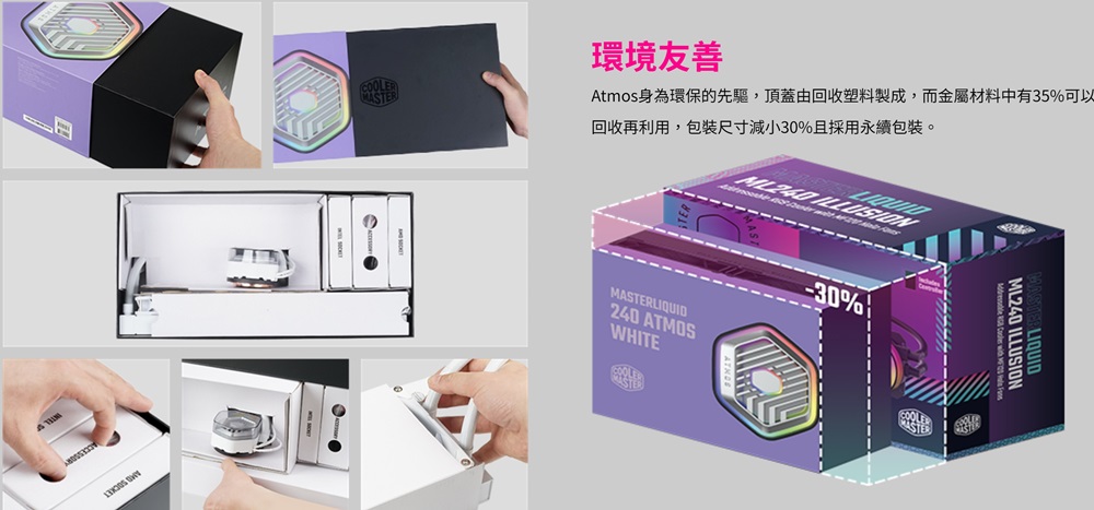 環境友善 Atmos身為環保的先驅,頂蓋由回收塑料製成,而金屬材料中有35%可以 回收再利用,包裝尺寸減小30%且採用永續包裝。 
