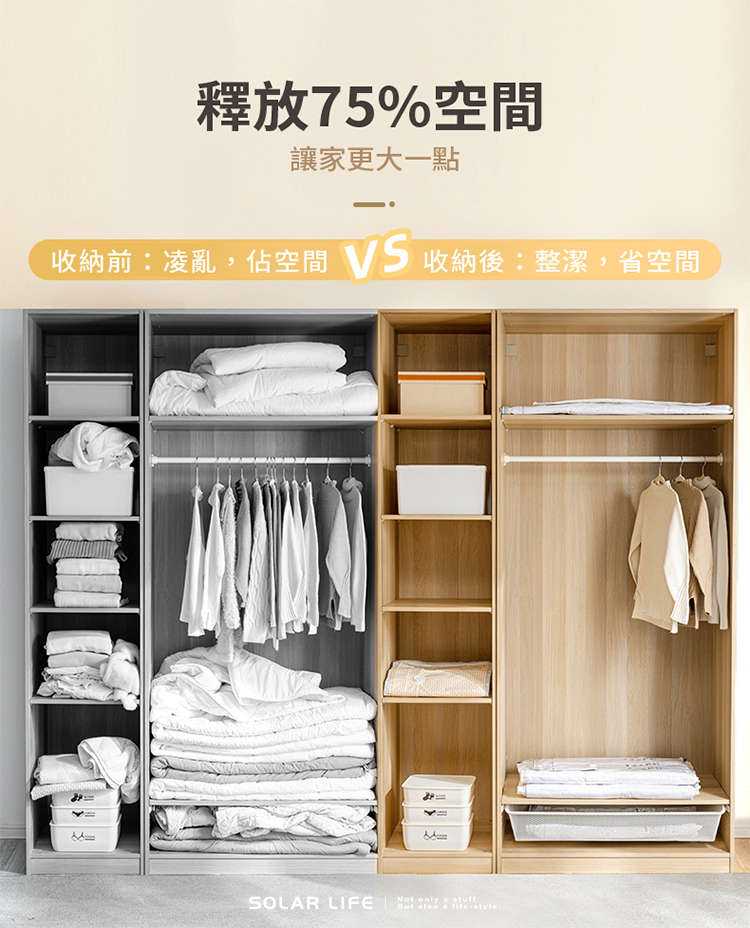 釋放75%空間 讓家更大一點 收納前凌亂,佔空間 VS 收納後整潔, 省空間