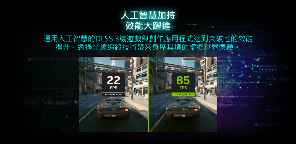 運用人工智慧的DLSS 3讓遊戲與創作應用程式達到突破性的效能 提升,透過光線追蹤技術帶來身歷其境的虛擬世界體驗。 人工智慧加持 效能大躍進 