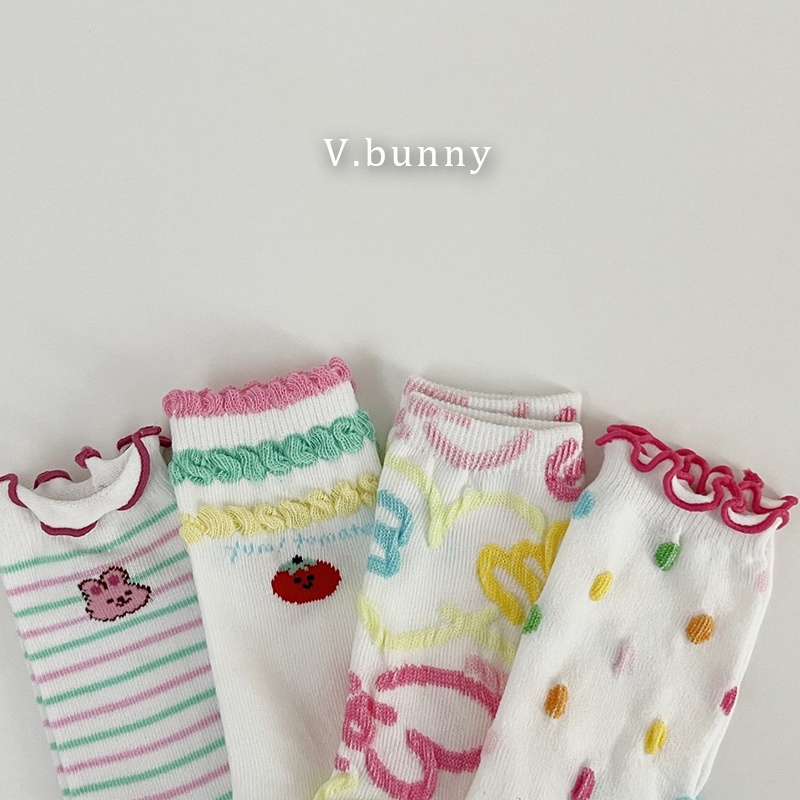 韓國 V.Bunny 女童兒童襪中筒襪4雙組 - 兔兔刺繡彩