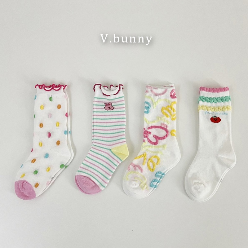 韓國 V.Bunny 女童兒童襪中筒襪4雙組 - 兔兔刺繡彩