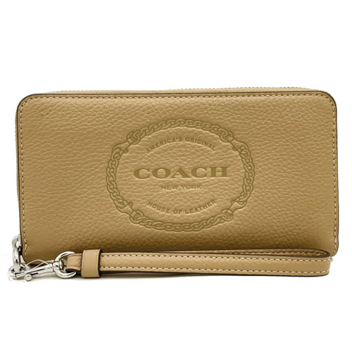 COACH 大LOGO牛皮手掛式拉鍊零錢袋長夾(裸膚)優惠推