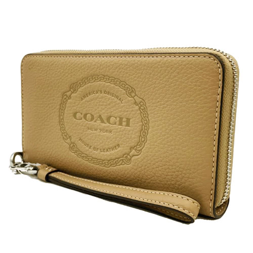 COACH 大LOGO牛皮手掛式拉鍊零錢袋長夾(裸膚)優惠推